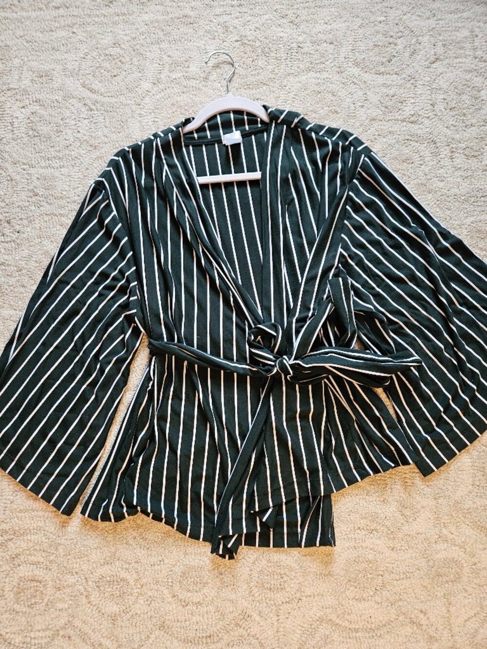 LAKE DreamModal Kimono Pajama Top Green White Stripe Large L TOP ONLY Cozy